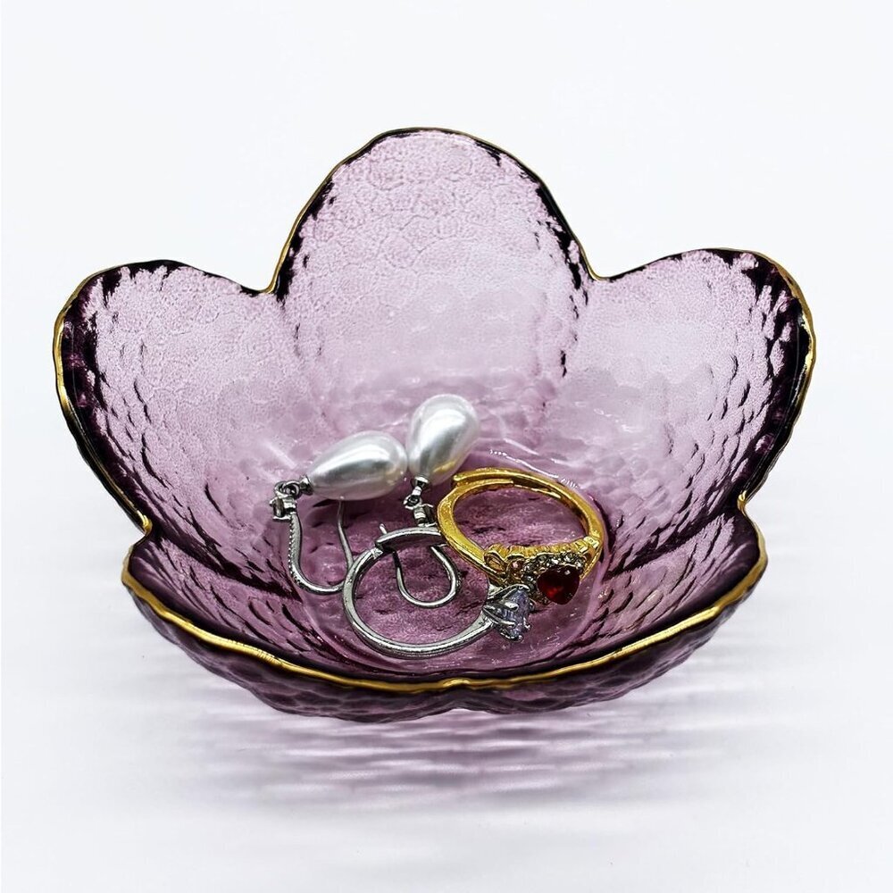 Purple Flower Ring Dish, Small Glass Jewlery Dish Tray, Crystal Jewelry Ring Hol